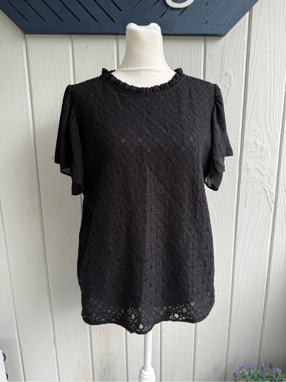 LOFT Black Lace Overlay Flutter Sleeve Blouse